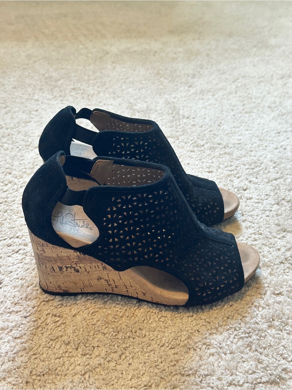 Life Stride Black Laser-Cut Cork Wedge Sandals